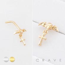 GOTHIC BAT SKULL DANGLING CROSS NOSE STUD 316L SURGICAL STEEL L-SHAPE NOSE RING